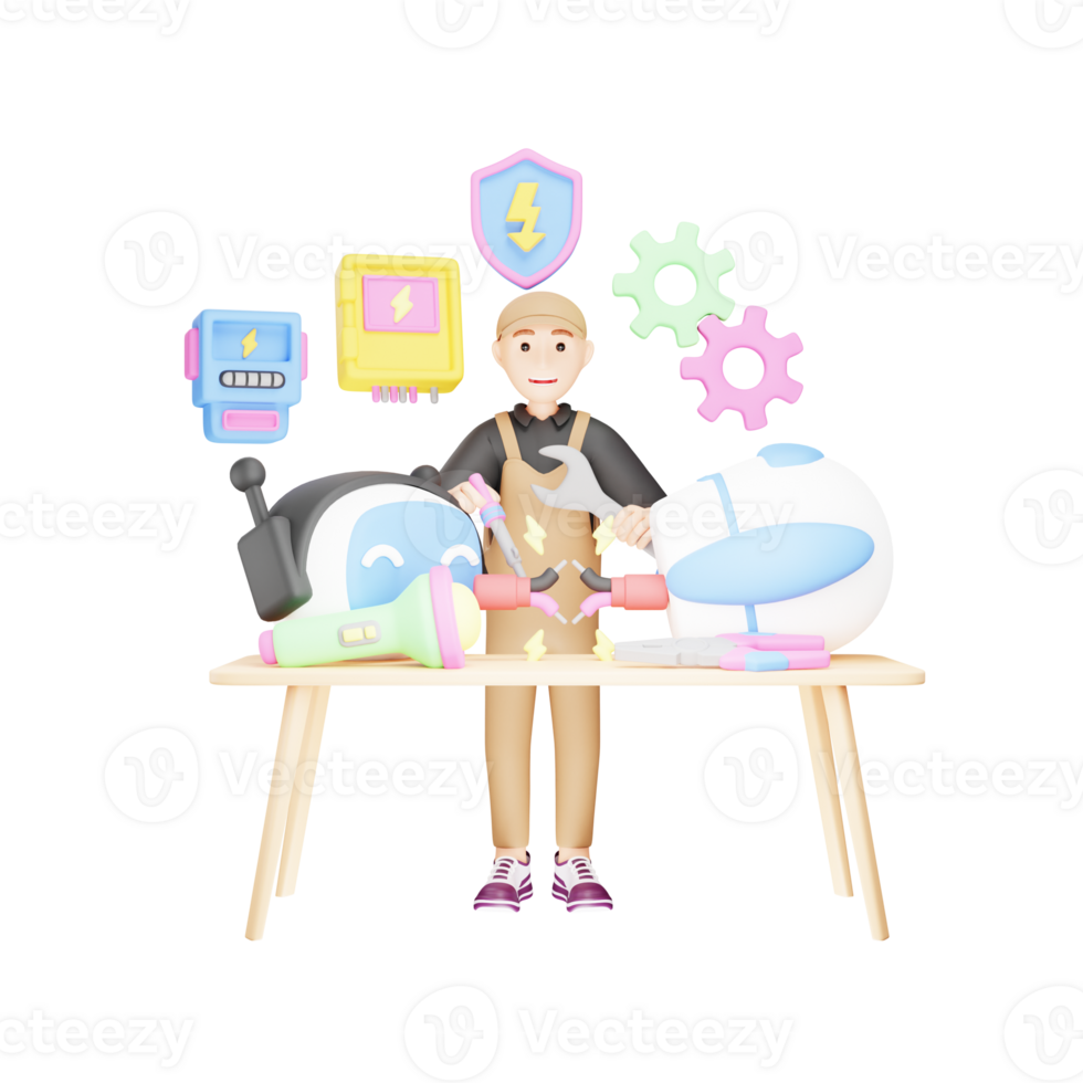 3D Character Illustration of Engineer Repairing an AI Robot png