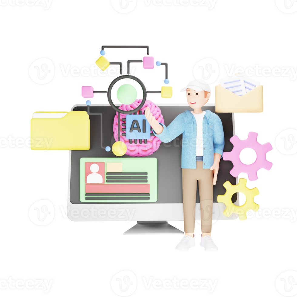 Person Managing Data with the AI Help - 3D Character Illustration ...