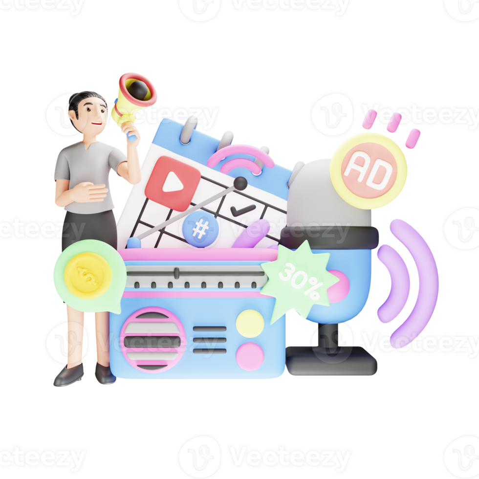 3D Character Illustrations of Radio Advertisement png