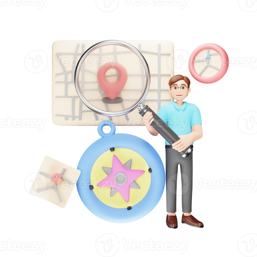 hitta plats 3d karaktär illustration, utforska navigering png