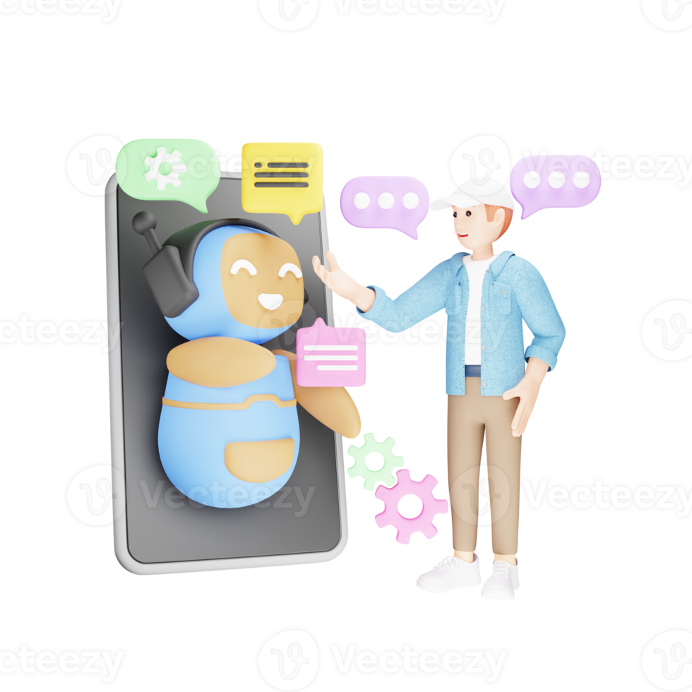 man talande till ett ai chatbot - 3d karaktär illustration png