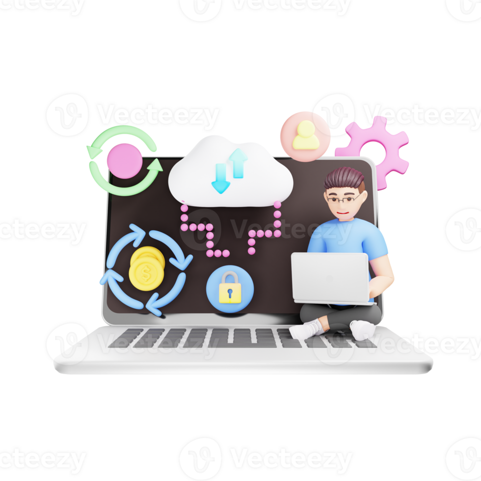 Digital Cloud Upload Technology - 3D Character Illustration for Data Transfer and Online Storage png