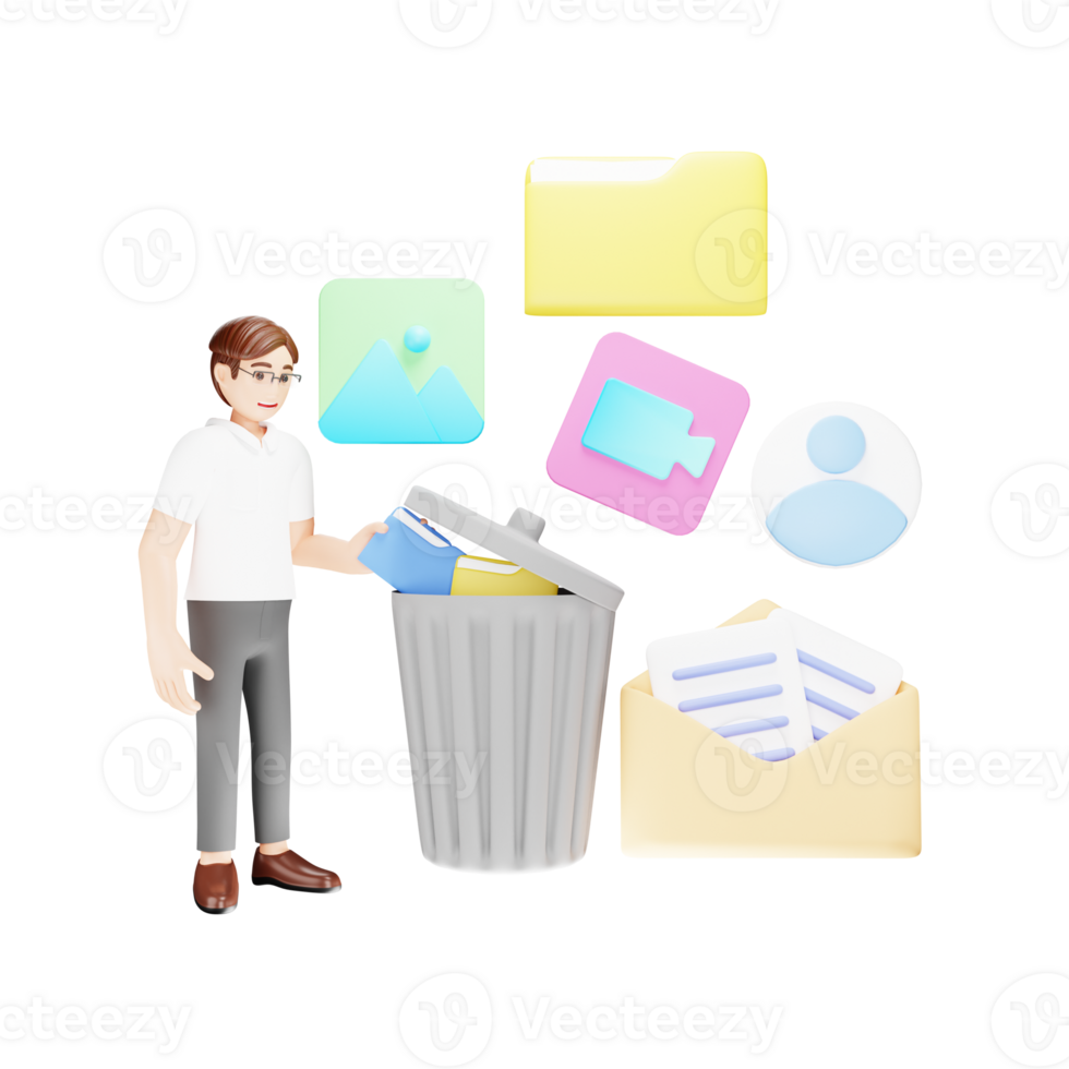 3D Illustration of Character Moving Documents to Bin png