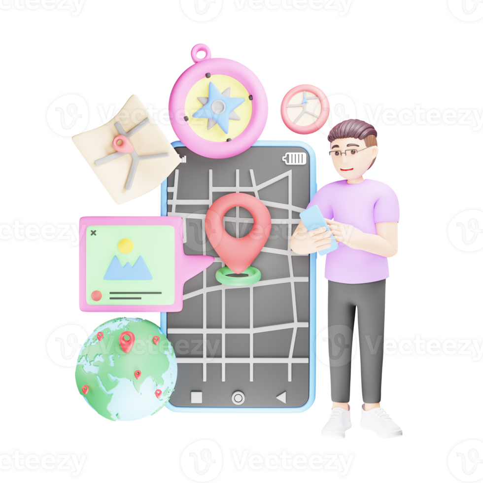 3D Character Illustration Navigating Online for Finding Location png