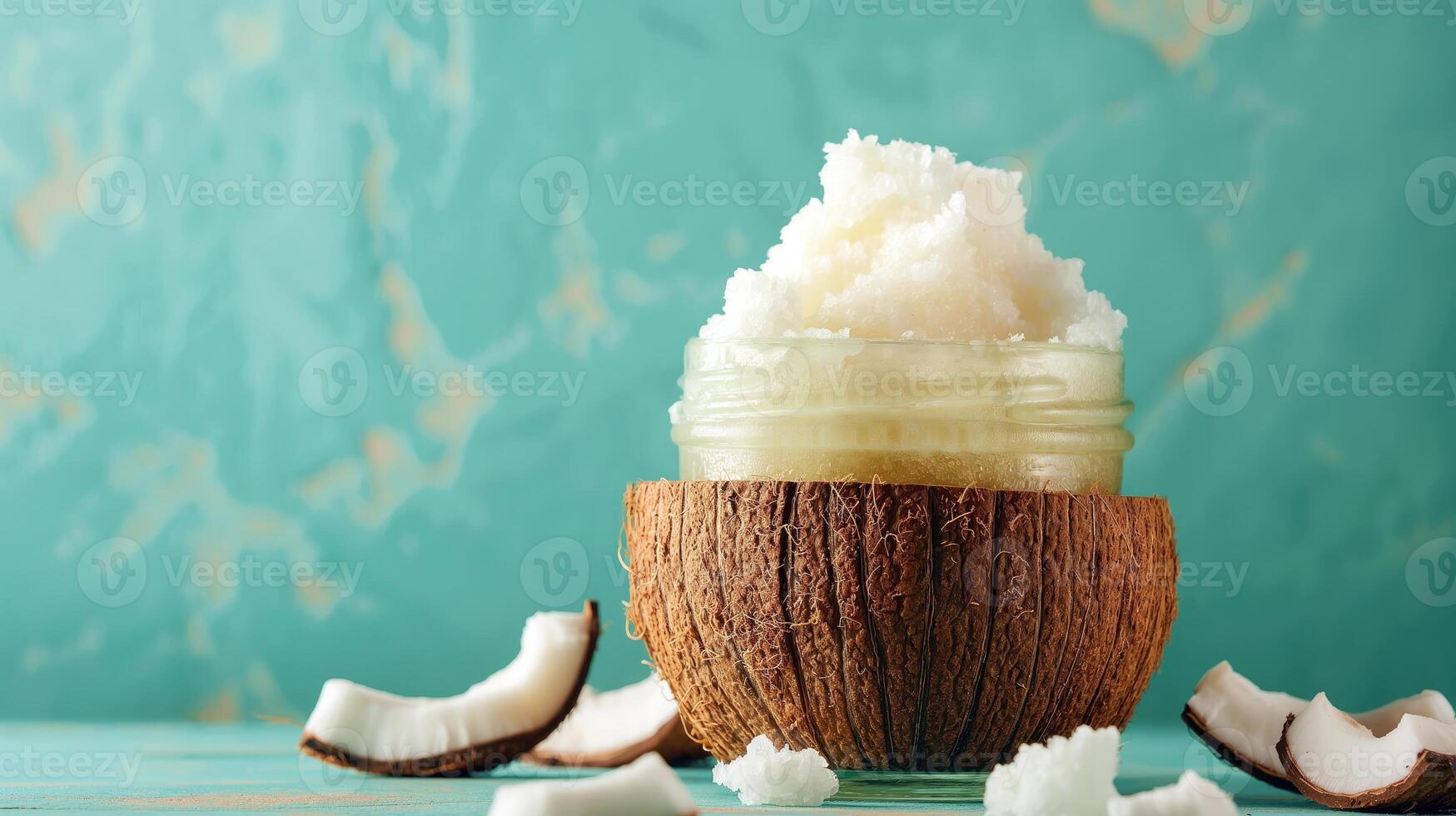 AI generated Silky Smooth Skin, Coconut Oil Body Scrub Shavings in a Glass Jar inside a Coconut, Generative AI photo