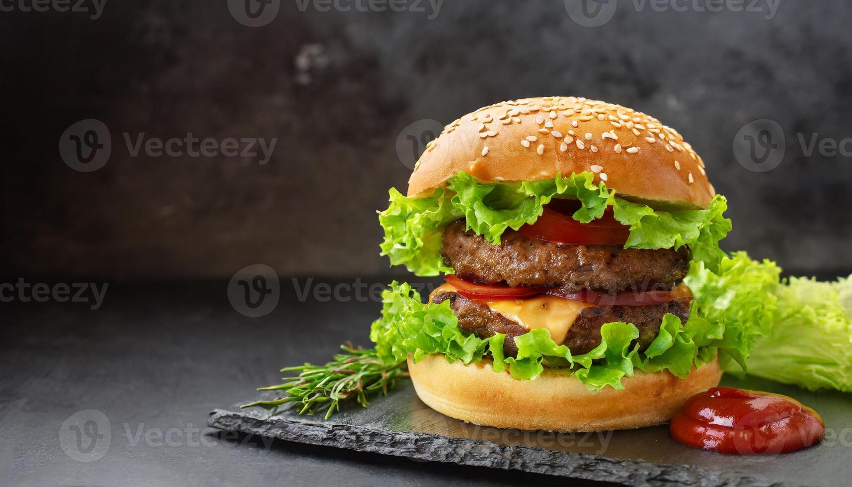 AI generated Savory burger with green lettuce, grilled beef patty and ketchup with copy space photo