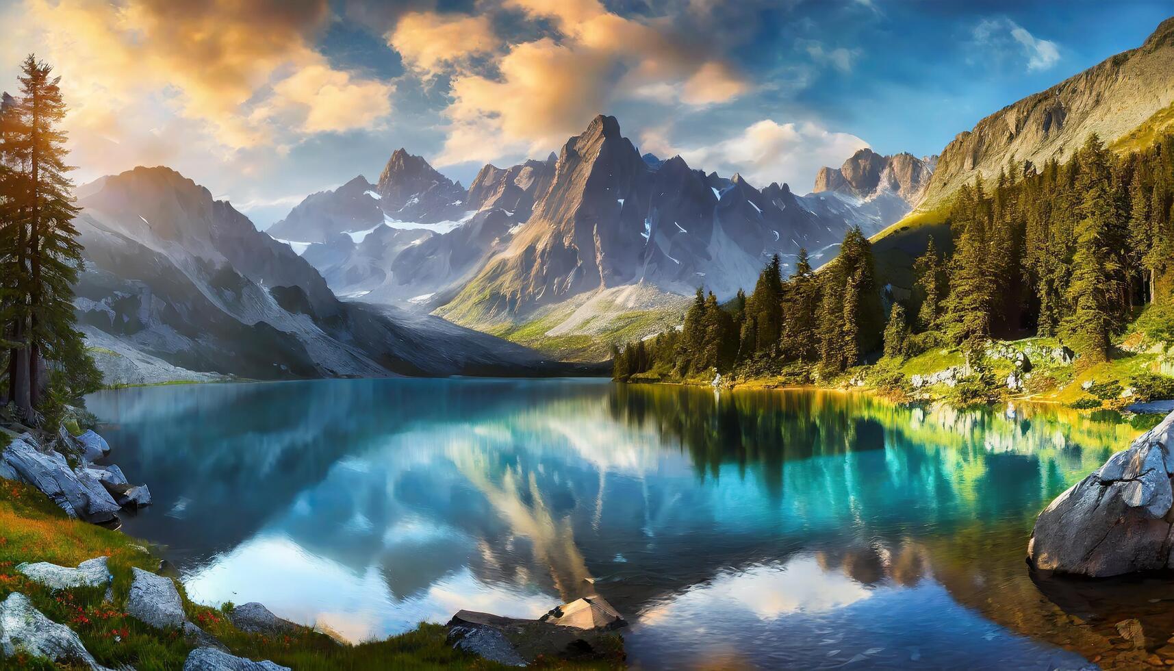 AI generated View of mountain lake photo