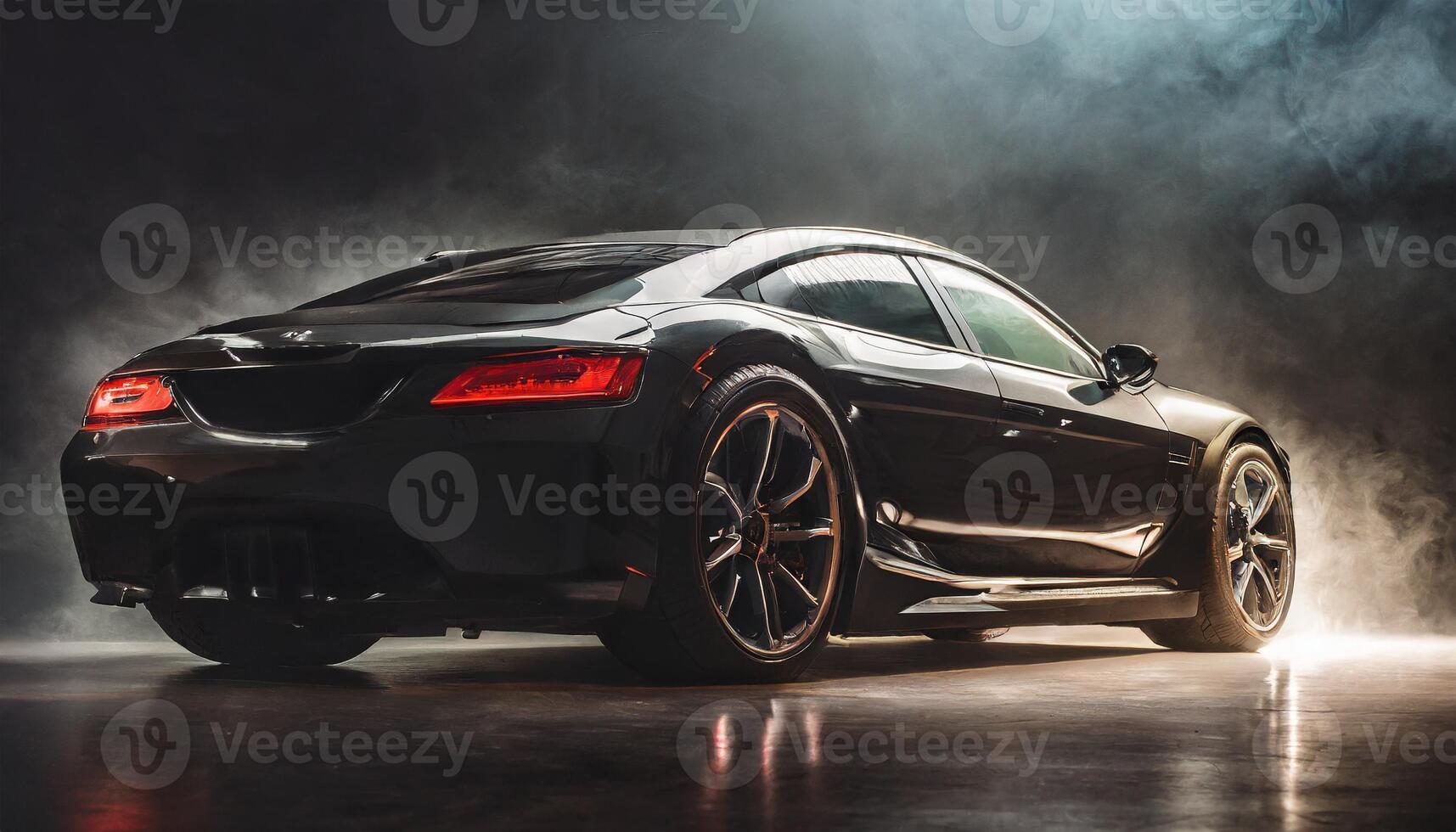 AI generated Back angle of a black sports car in a dark background photo