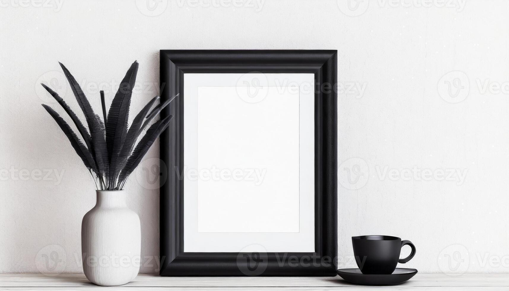 AI generated black frame mockup with white vase and a coffee cup against a white wall photo