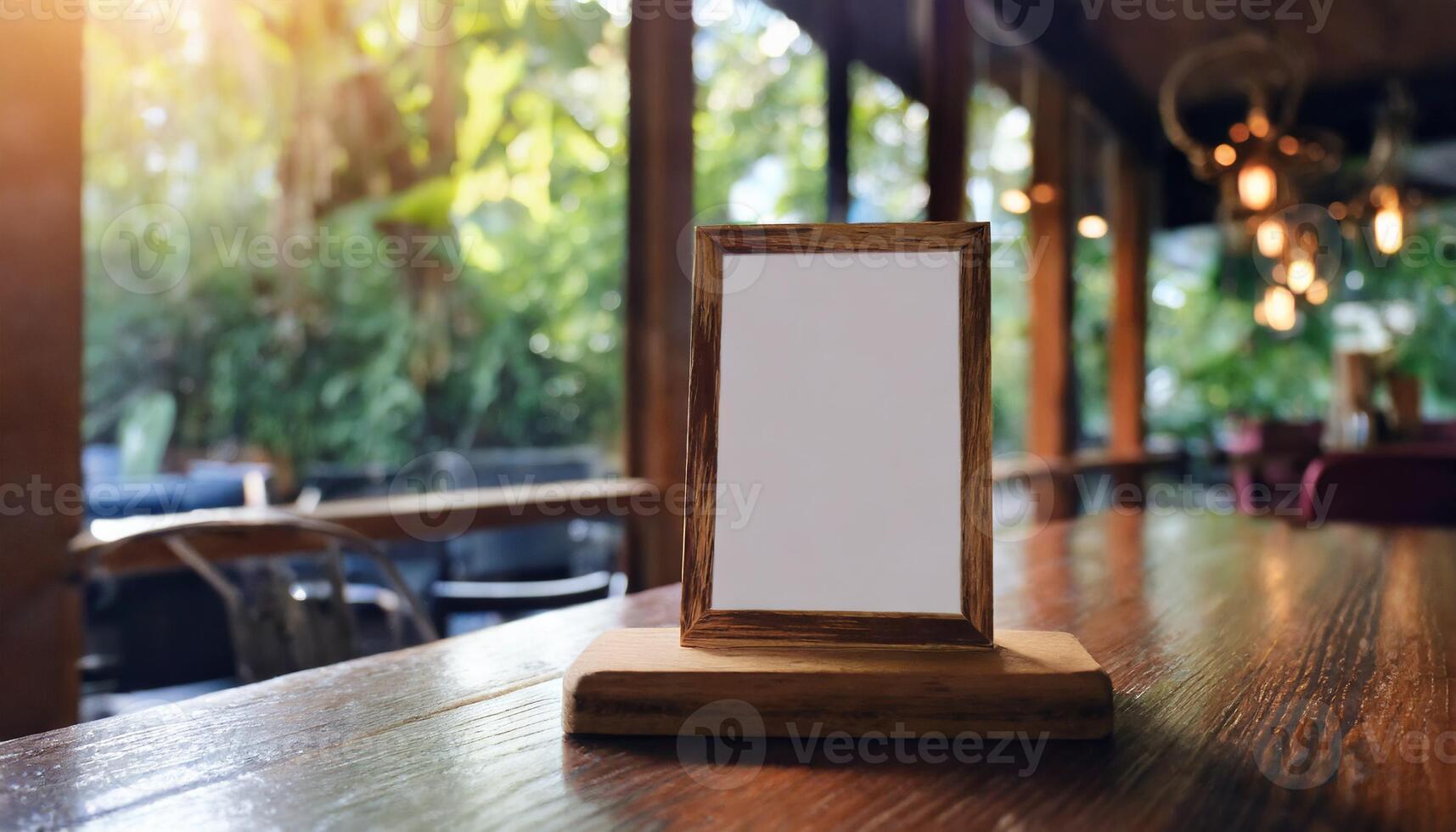 AI generated Menu frame mockup on wood table in Bar restaurant cafe photo
