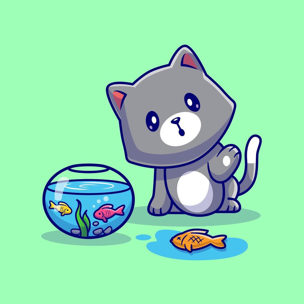 linda gato tomar fuera pescado desde acuario dibujos animados vector icono ilustración. animal naturaleza icono concepto aislado prima vector. plano dibujos animados estilo