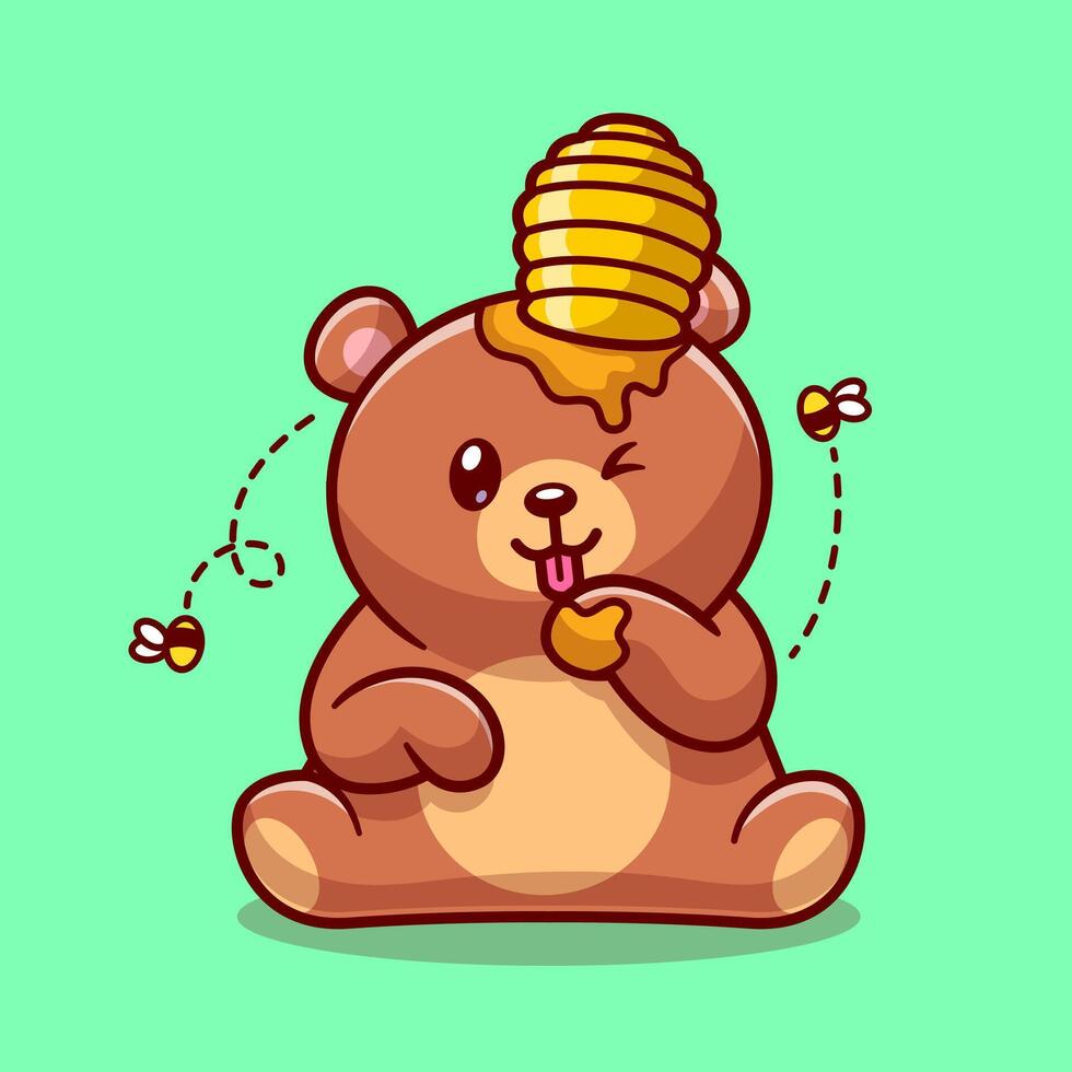 Cute Bear Eating Honey Cartoon Vector Icon Illustration. Animal Nature Icon Concept Isolated Premium Vector. Flat Cartoon Style