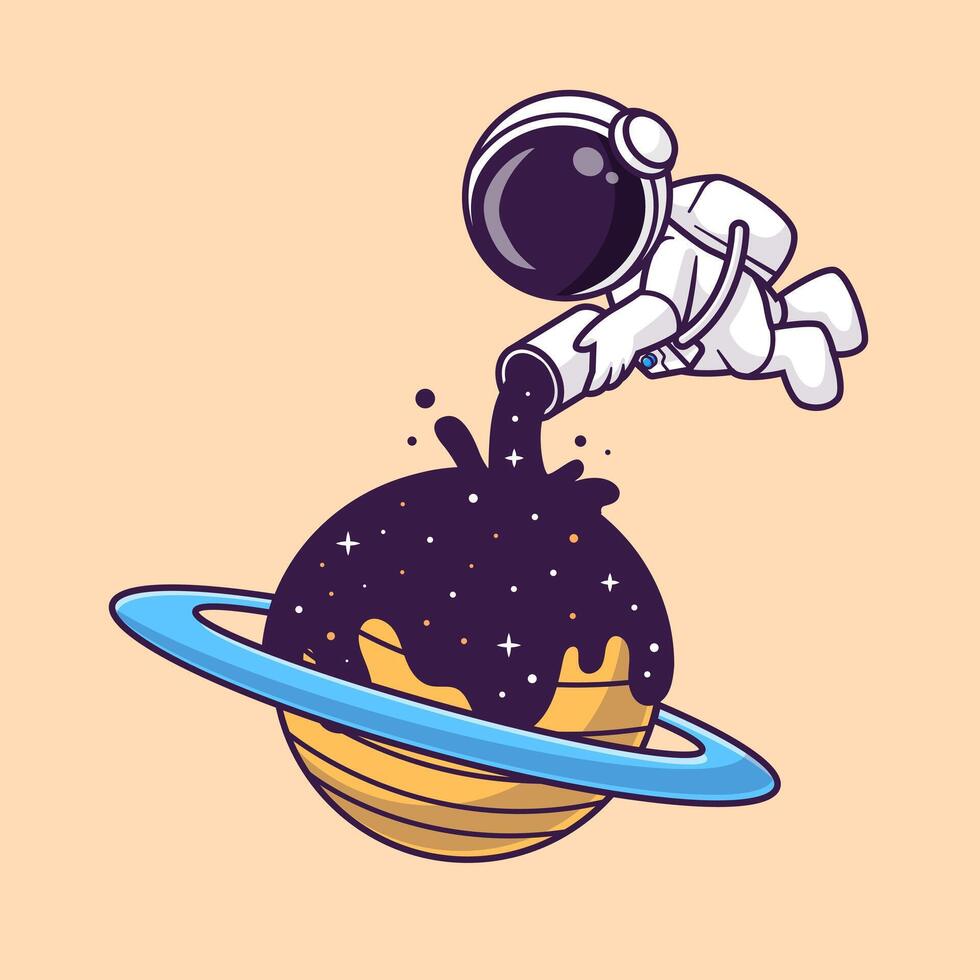 Cute Astronaut Pouring Space On Planet Cartoon Vector Icon Illustration. Science Technology Icon Concept Isolated Premium Vector. Flat Cartoon Style