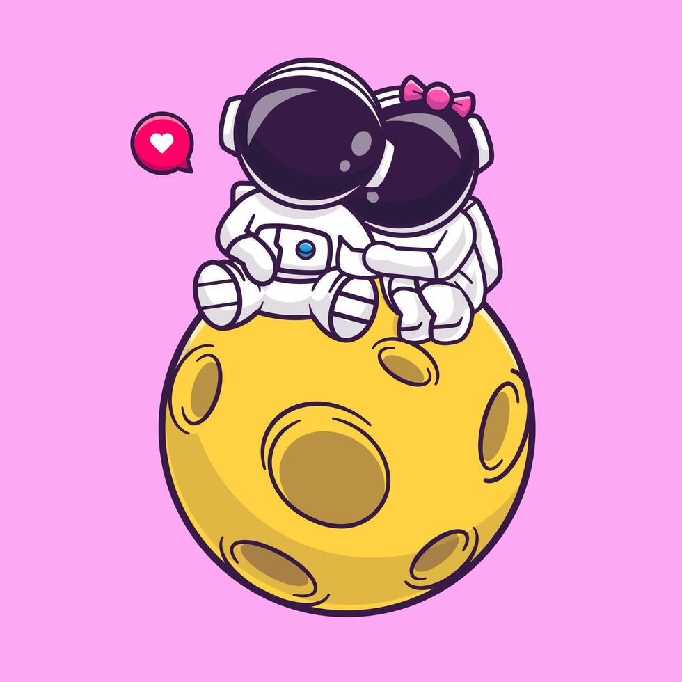 Cute Couple Astronaut Sitting On The Moon Cartoon Vector Icon Illustration. Science Technology Icon Concept Isolated Premium Vector. Flat Cartoon Style