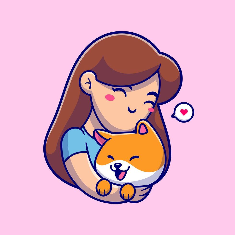 linda niña abrazo shiba inu perro dibujos animados vector icono ilustración. animal personas icono concepto aislado prima vector. plano dibujos animados estilo