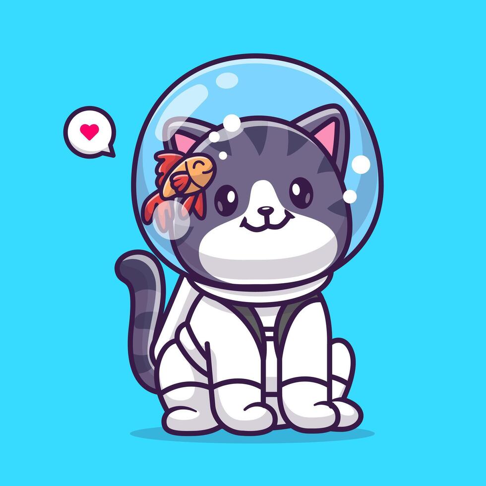 linda gato astronauta sentado con pescado dibujos animados vector icono ilustración. animal Ciencias icono concepto aislado prima vector. plano dibujos animados estilo