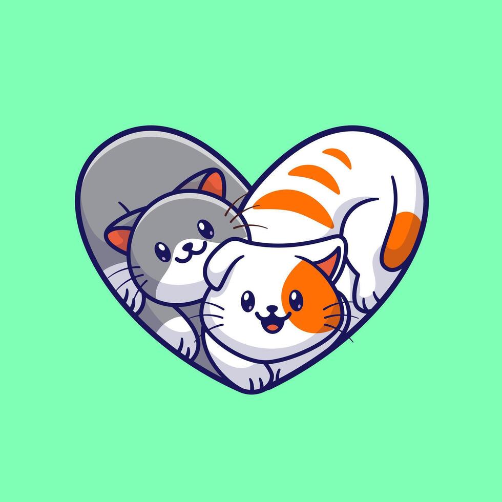 Cute Cat Couple Friend With Love Shape Cartoon Vector Icon Illustration. Animal Nature Icon Concept Isolated Premium Vector. Flat Cartoon Style