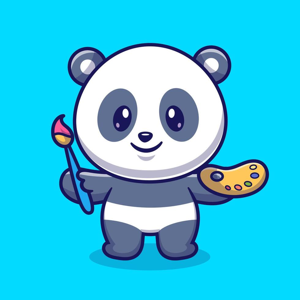 Cute Panda Painting Cartoon Vector Icon Illustration. Animal Nature Icon Concept Isolated Premium Vector. Flat Cartoon Style