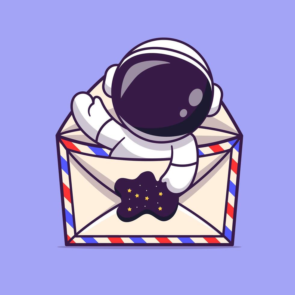 Cute Astronaut Waving Hand In Envelope Cartoon Vector Icon Illustration. Science Technology Icon Concept Isolated Premium Vector. Flat Cartoon Style