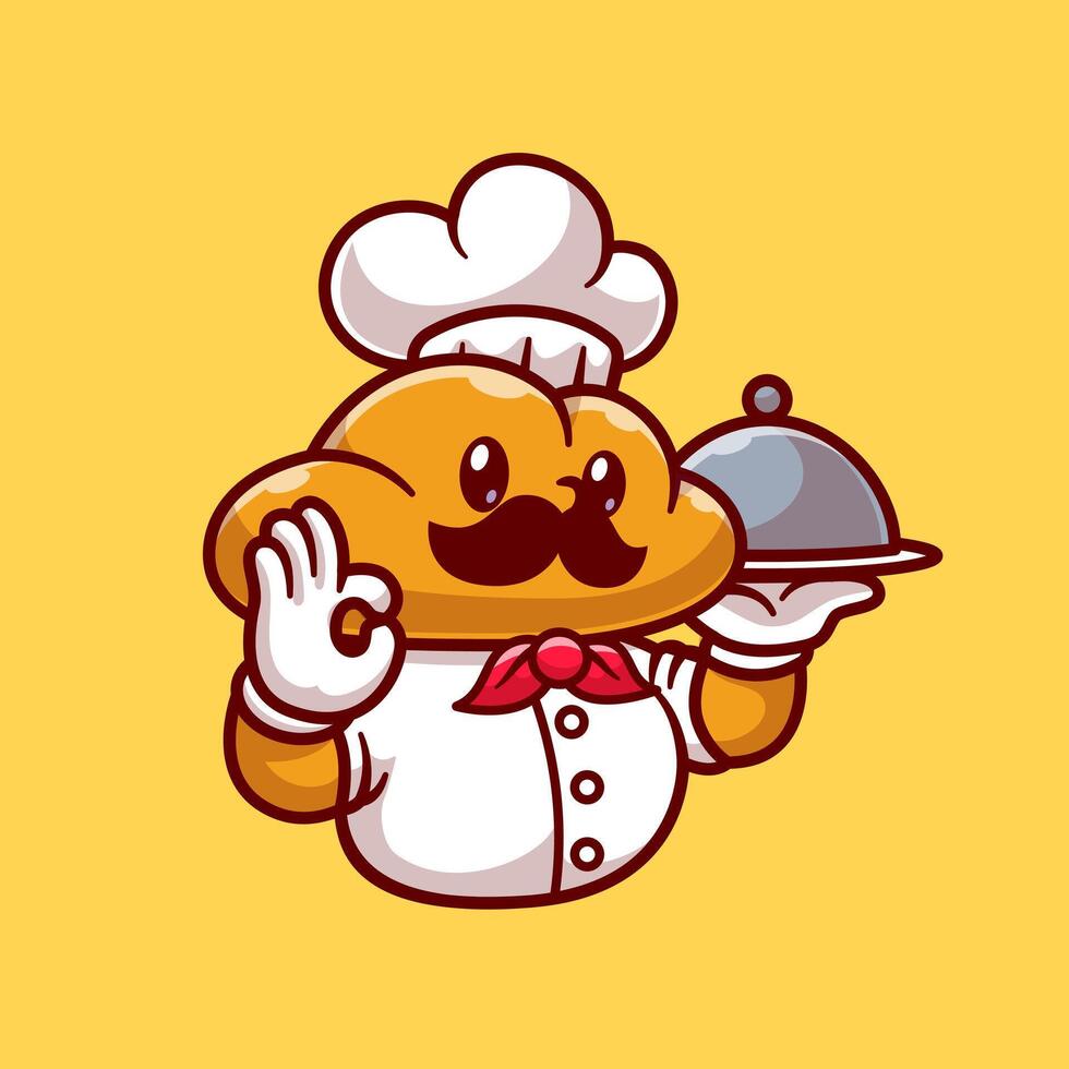 Cute Bread Chef Serving Food Cartoon Vector Icon Illustration. Food Object Icon Concept Isolated Premium Vector. Flat Cartoon Style