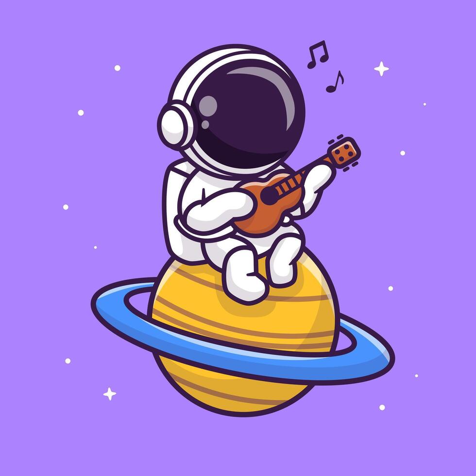 Cute Astronaut Playing Guitar On Planet Cartoon Vector Icon Illustration. Science Music Icon Concept Isolated Premium Vector. Flat Cartoon Style