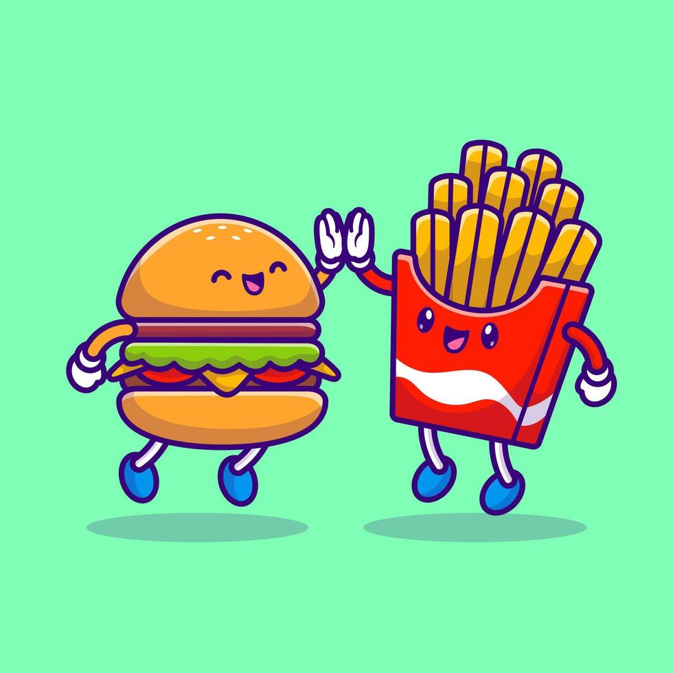 Cute Hamburger High Five With french fries Cartoon Vector Icon Illustration. Food Friend Icon Concept Isolated Premium Vector. Flat Cartoon Style