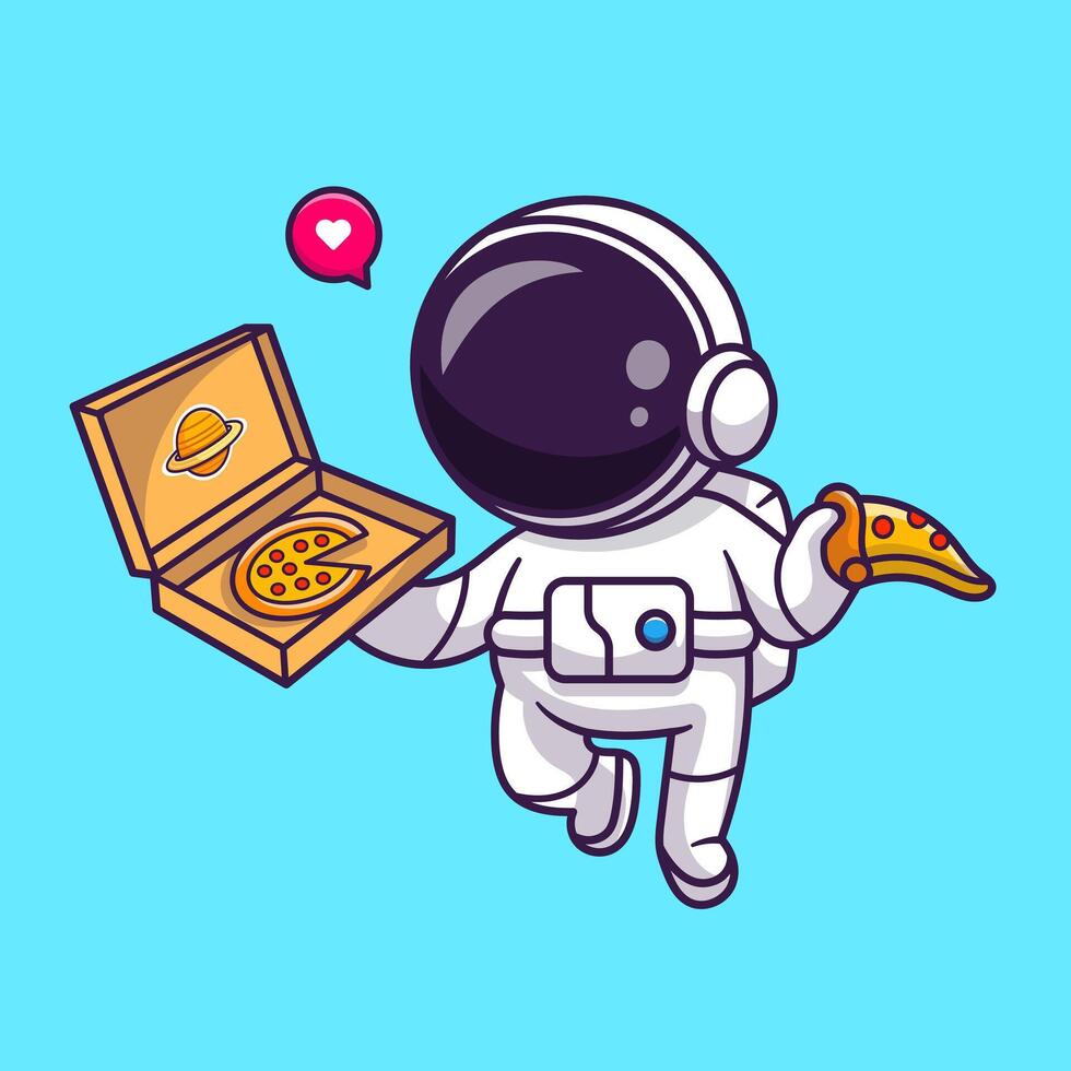 Cute Astronaut Eating Pizza Cartoon Vector Icon Illustration. Science Food Icon Concept Isolated Premium Vector. Flat Cartoon Style