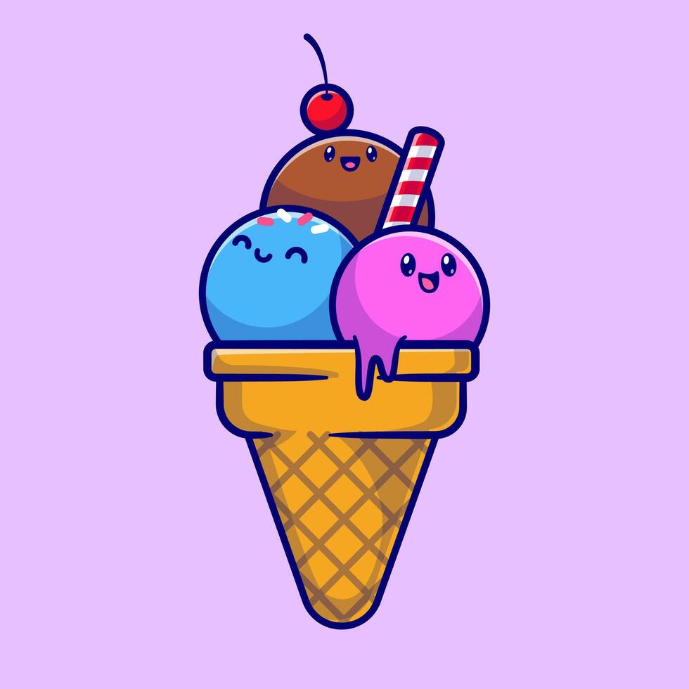 Cute Ice Cream Cone Cartoon Vector Icon Illustration. Food Object Icon Concept Isolated Premium Vector. Flat Cartoon Style