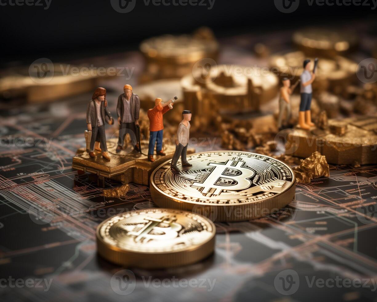 AI generated Miniature people worker working of bitcoins. Cryptocurrency mining concept photo