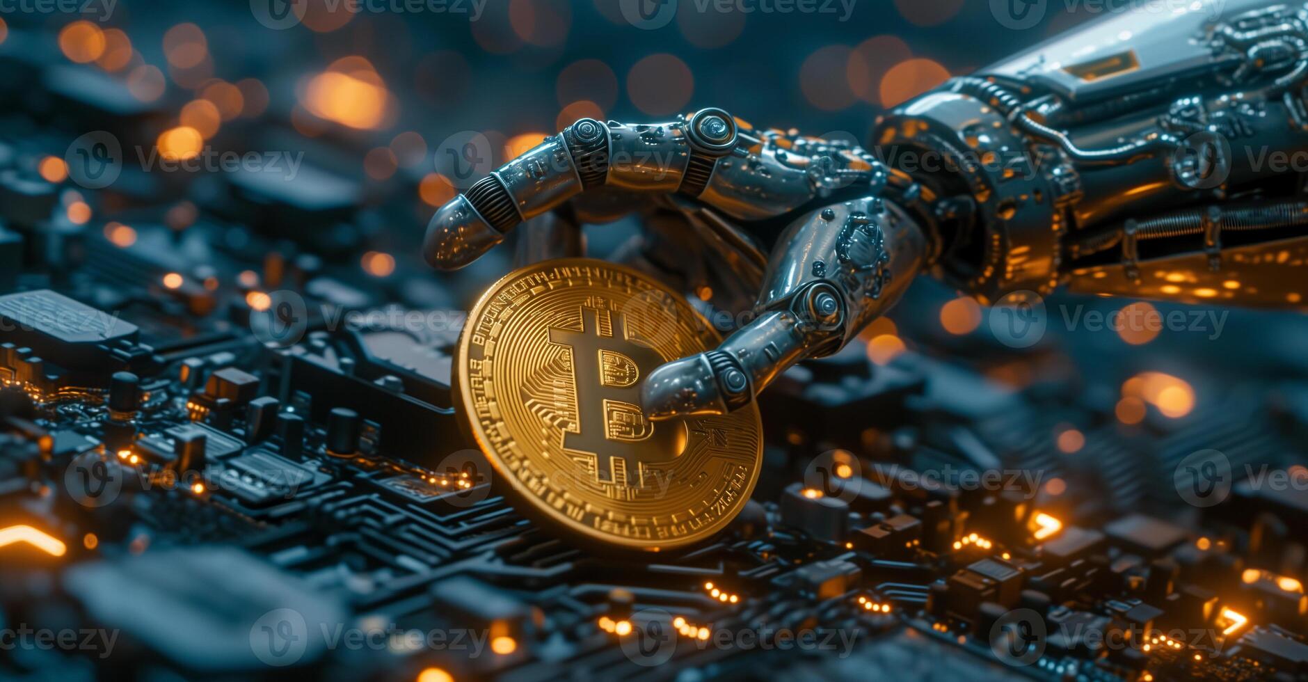 AI generated Cryptocurrency Digital Blockchain technology. Robot arm holding golden coin symbol of bitcoin photo