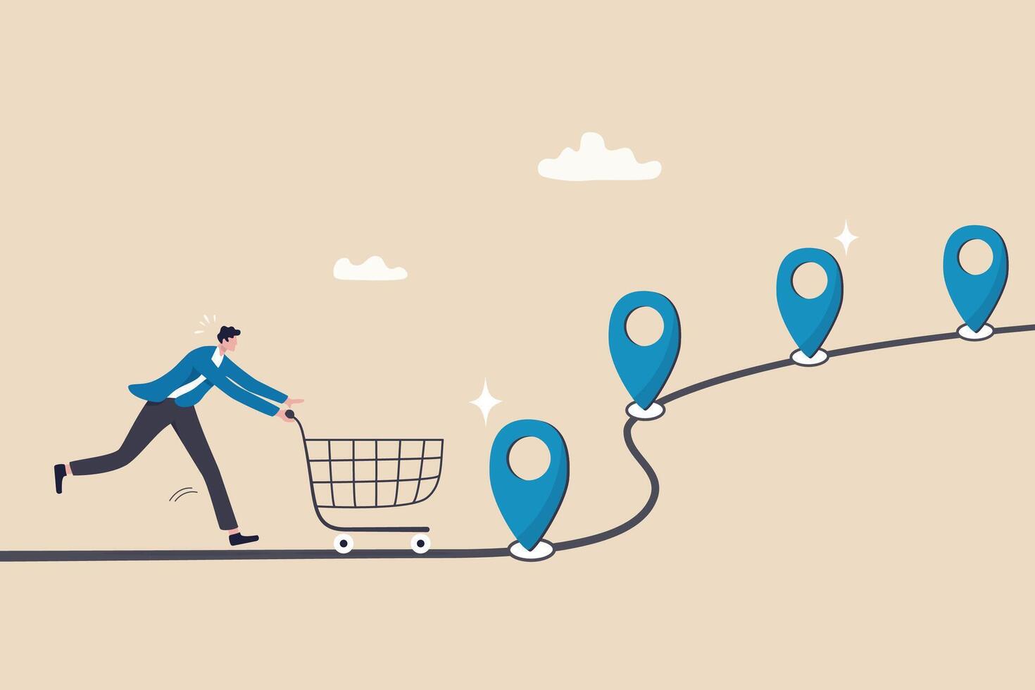 Customer journey, process or milestone for customer to experience until purchase product, marketing strategy analysis, advertising concept, man with trolley shopping cart on customer journey map. vector