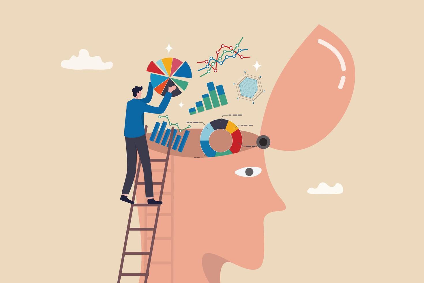 Data scientist, research information or data analysis, intelligence info or knowledge to analyze report, big data or genius concept, businessman put graph diagram report on human head brain. vector