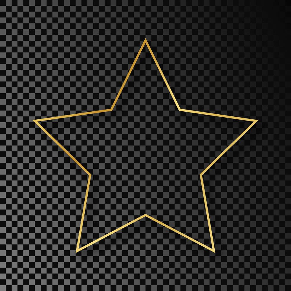 Gold glowing star shape frame with shadow isolated on dark background. Shiny frame with glowing effects. Vector illustration.