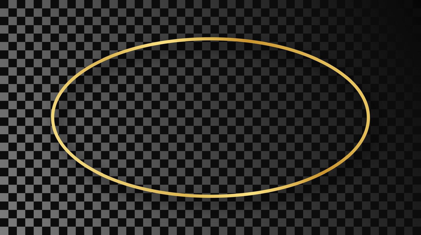 Gold glowing oval shape frame with shadow isolated on dark background. Shiny frame with glowing effects. Vector illustration.