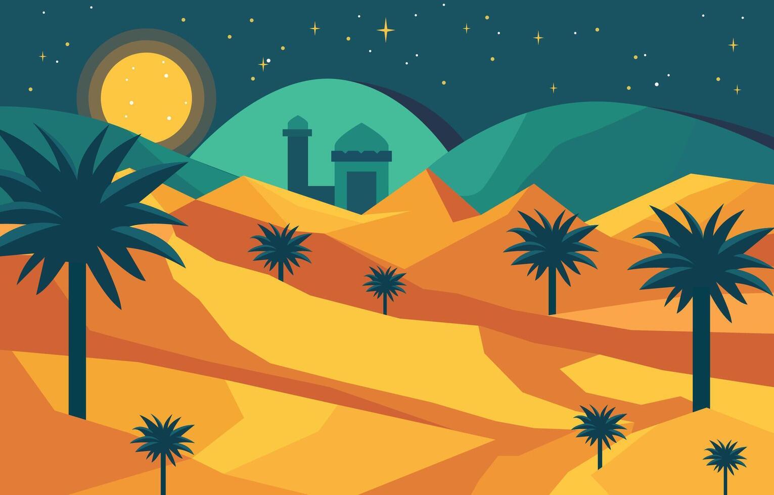 Flat Design Illustration of Mosque Building with Date Trees in Arabian Desert at Night vector