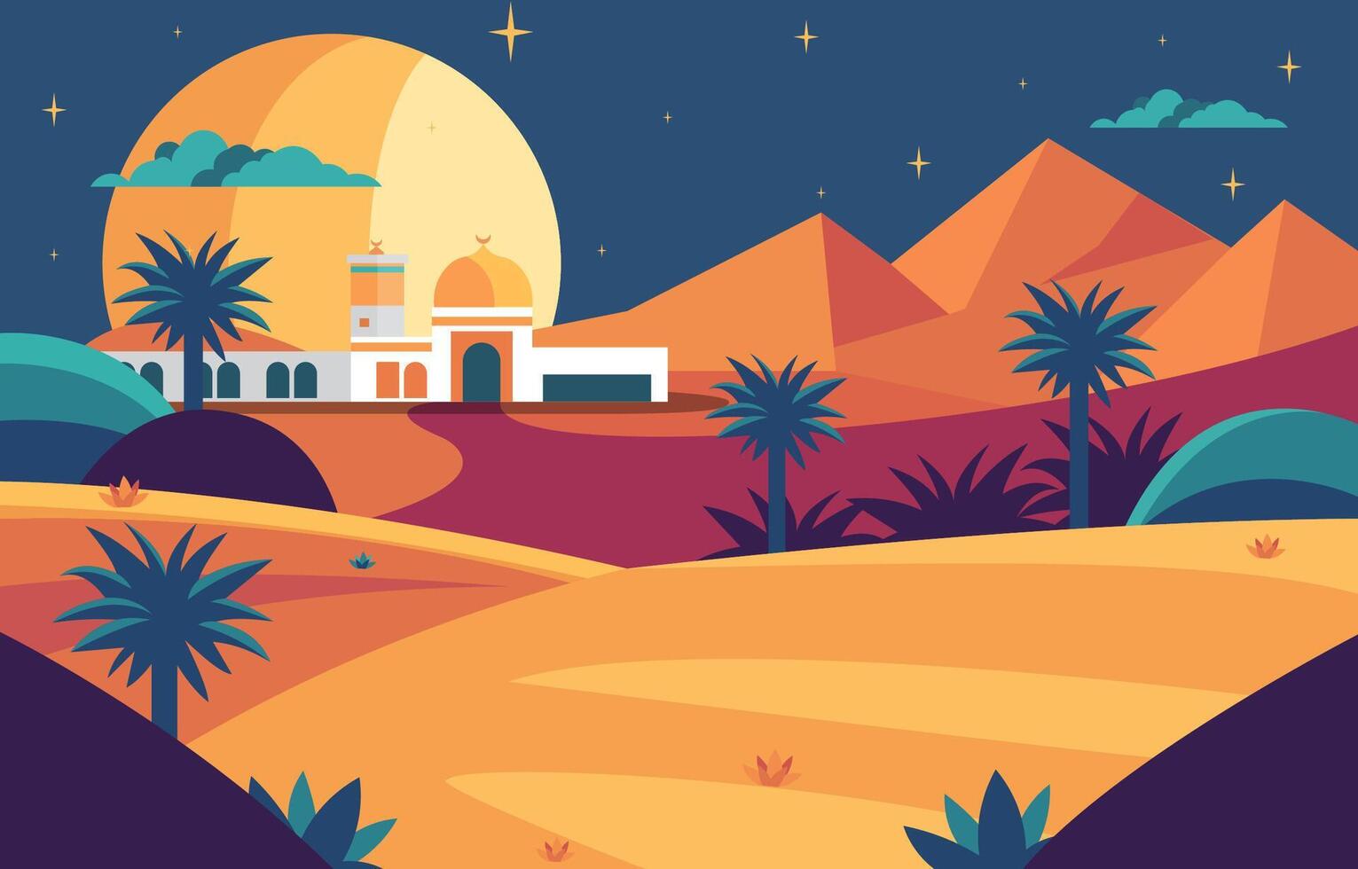 plano diseño ilustración de islámico mezquita con pirámide en árabe Desierto a noche vector