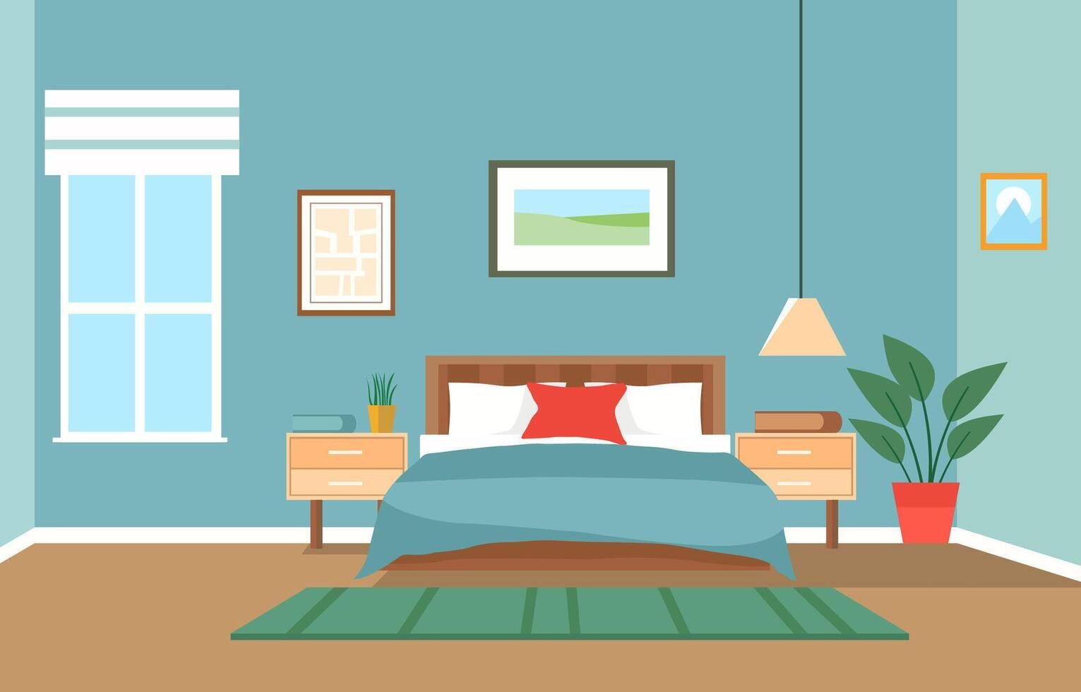 Flat Design of Bedroom with Bed Furniture Window in Simple House vector