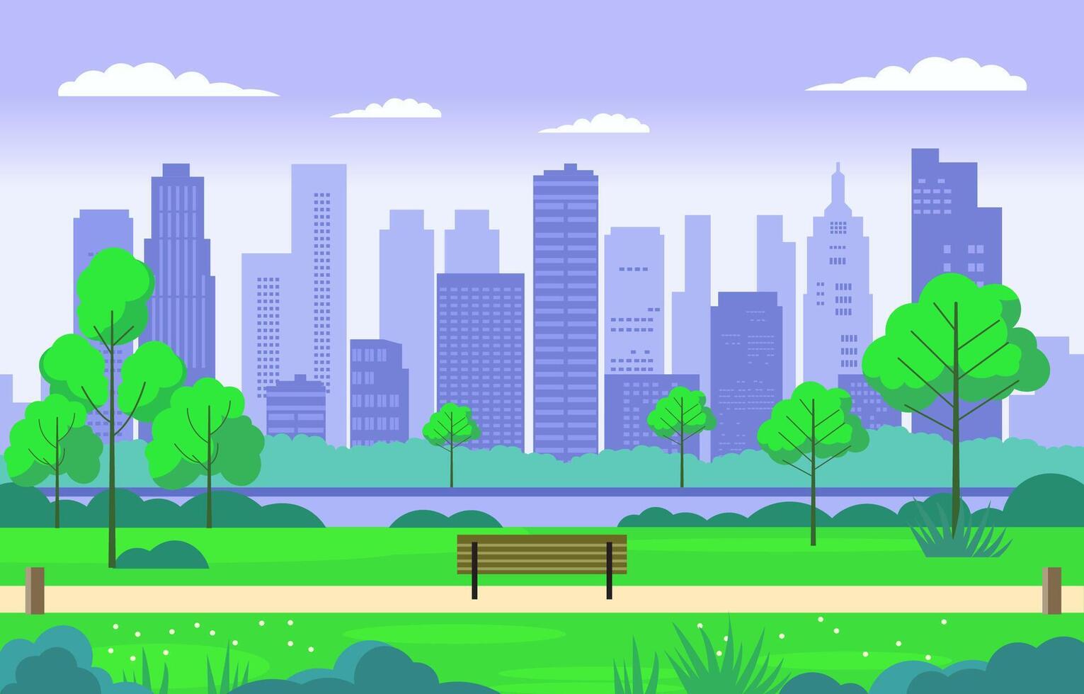 plano diseño ilustración de banco en ciudad parque con paisaje urbano en púrpura cielo vector