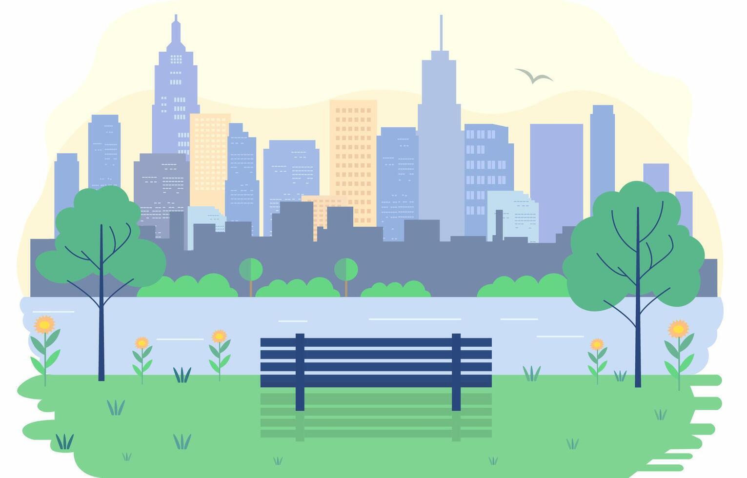 Flat Design Illustration of Bench in City Park with Cityscape in Bright Day vector