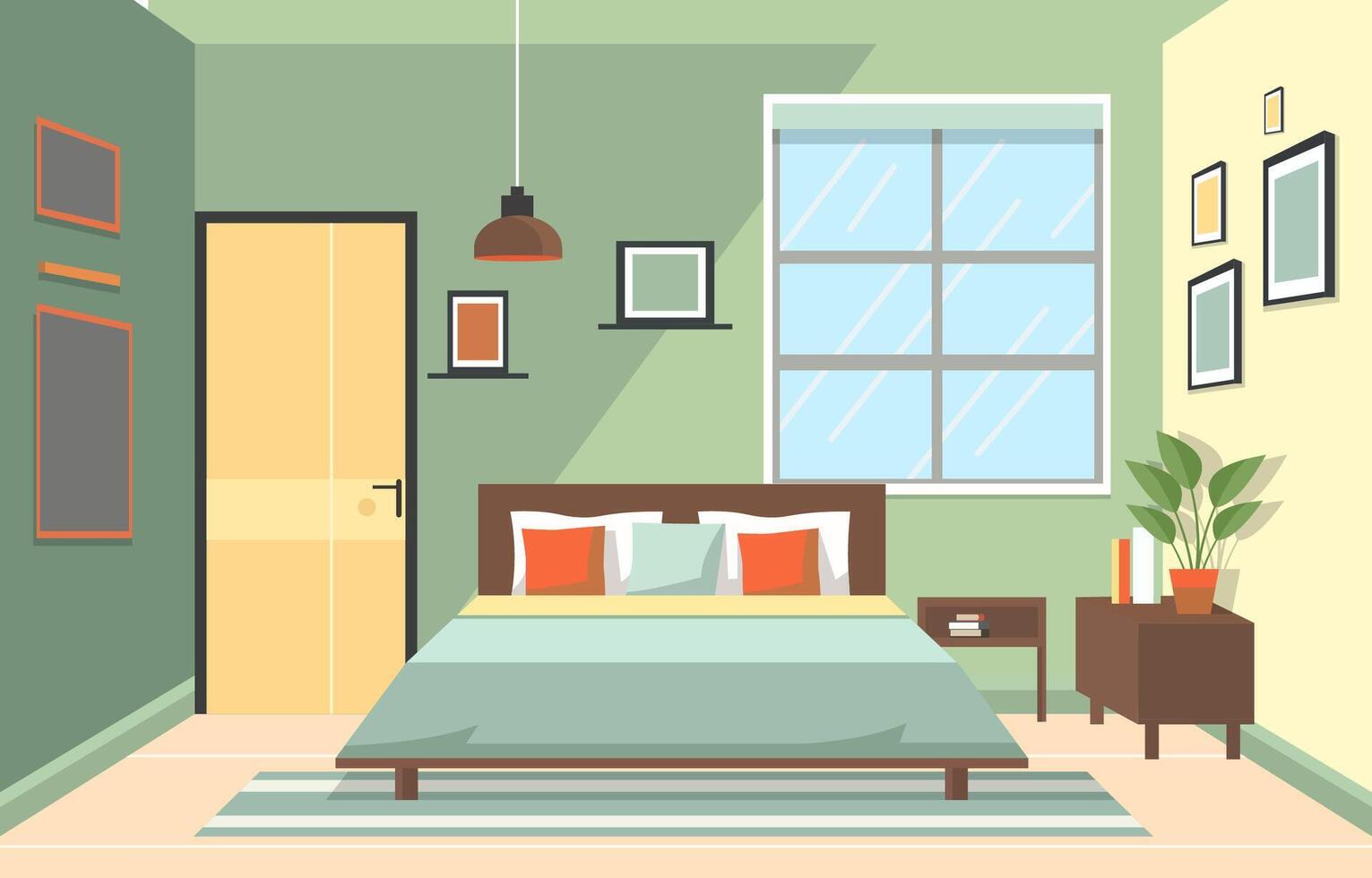 Flat Design of Bedroom with Bed Furniture Window in Simple House vector