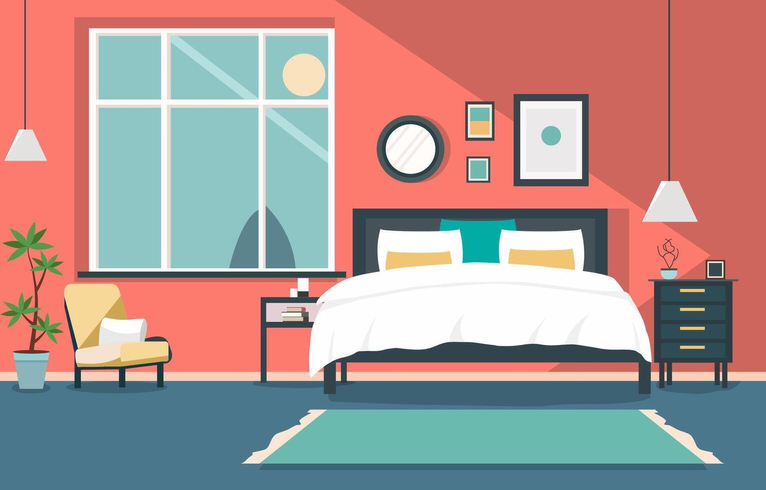 Flat Design of Bedroom Interior with Bed Furniture and Window in Home 01 vector