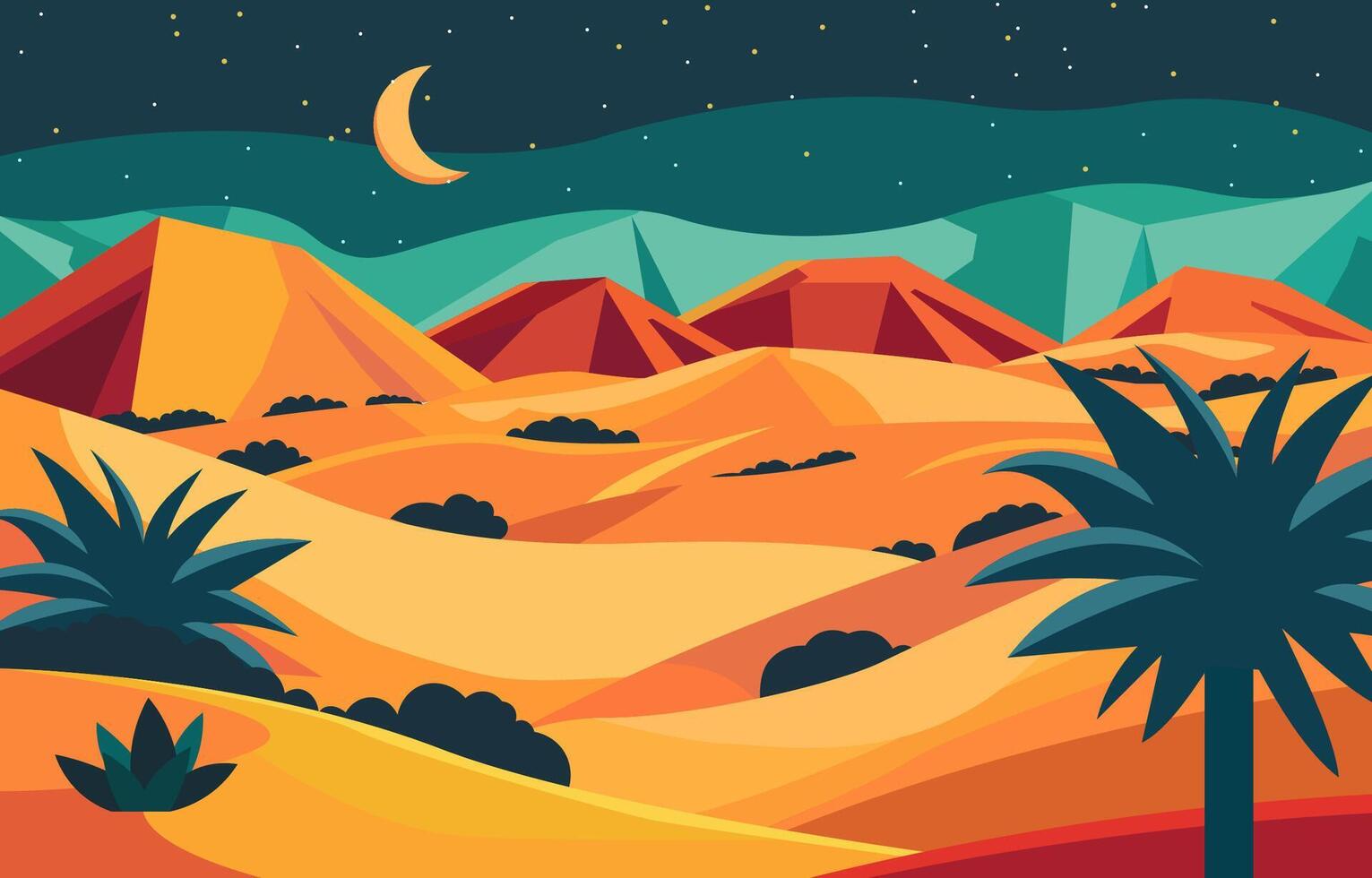 Flat Design Illustration of Dunes in Arabian Desert with Crescent Moon at Night vector