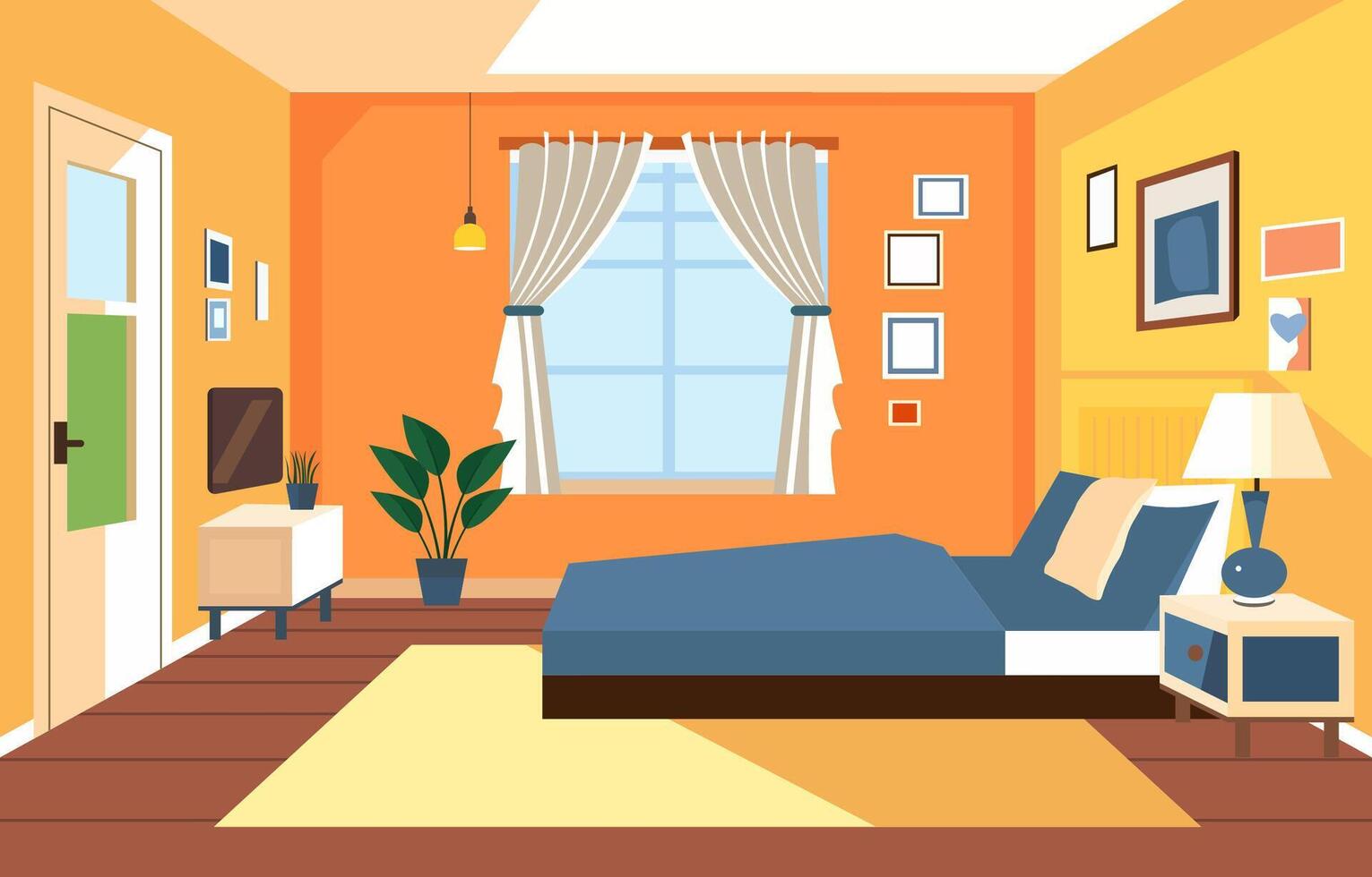 Flat Design of Bedroom Interior with Bed Furniture and Window in Home vector