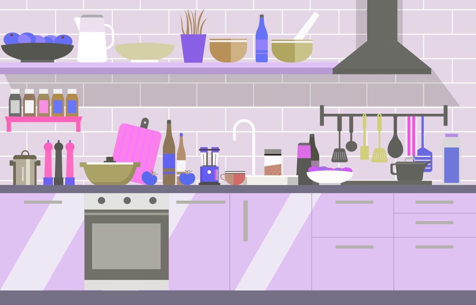 Flat Design of Modern Kitchen Interior in Restaurant with Storage Shelves and Stove vector