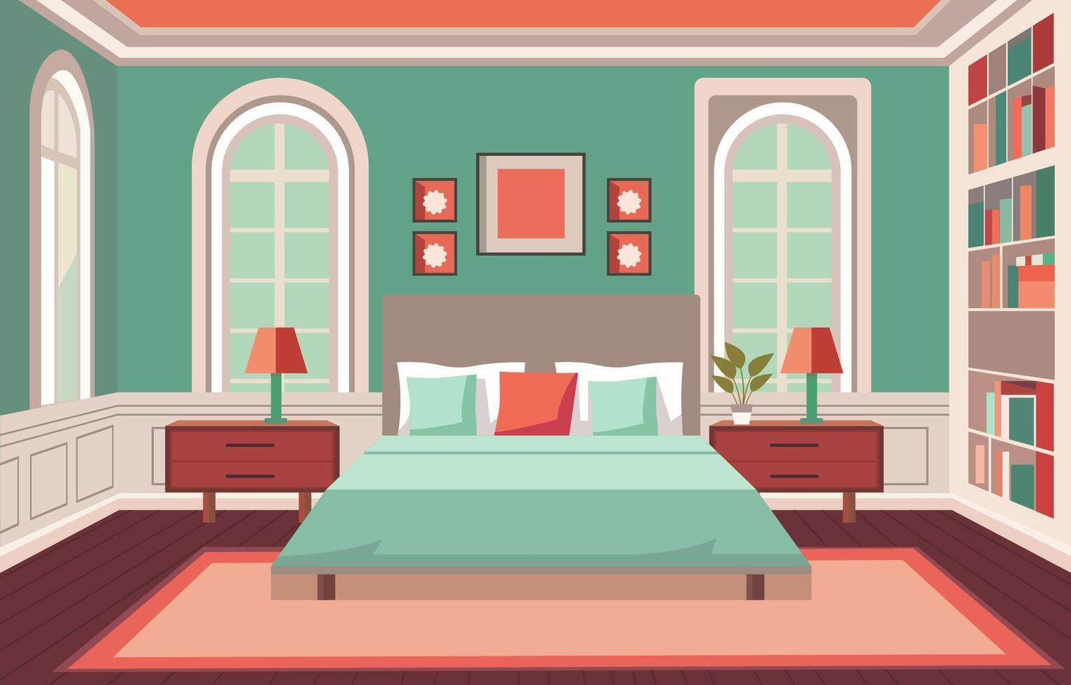 Flat Design of Bedroom with Bed Furniture Window in Fancy House vector