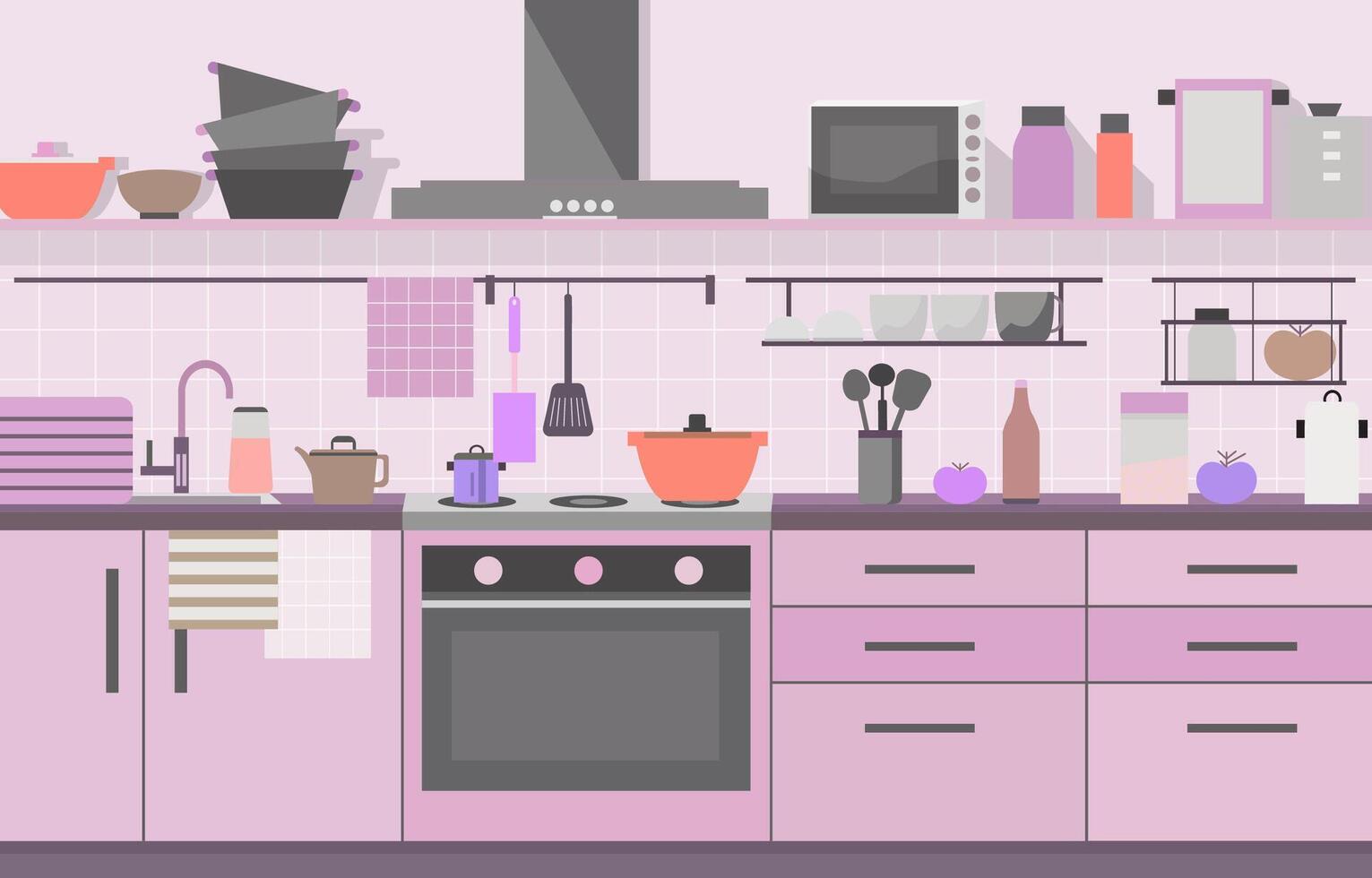 Flat Design of Modern Kitchen Interior in Restaurant with Storage Shelves and Stove vector