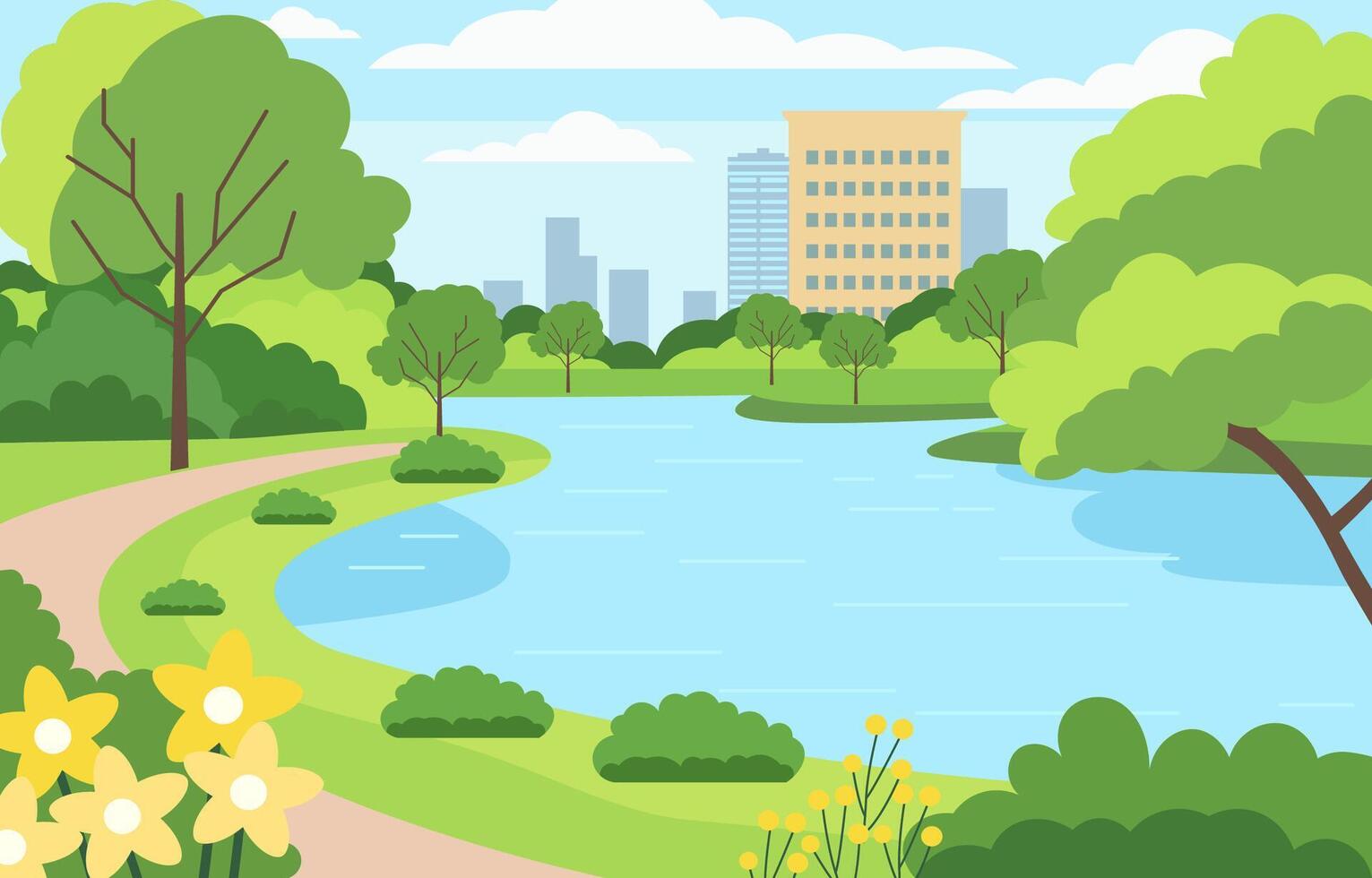Flat Design Illustration of Lake River in City Park with Green Trees in Bright Day vector