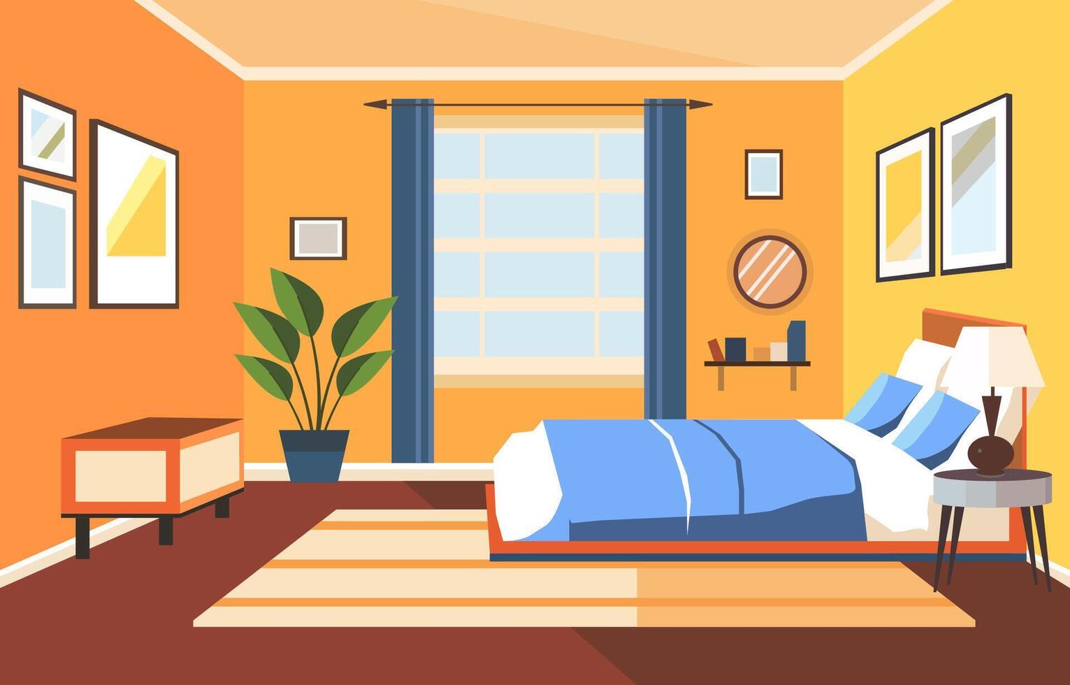 Flat Design of Bedroom with Bed Furniture Window and Plant in Hotel vector