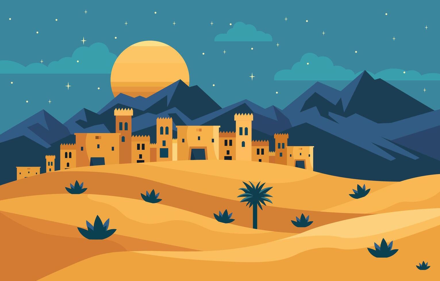 plano diseño ilustración de antiguo palacio edificio en árabe Desierto a noche vector