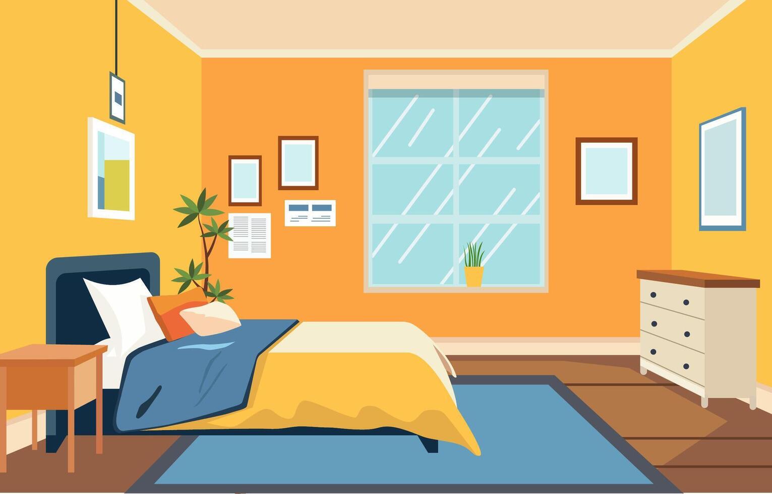 Flat Design of Bedroom Interior with Bed Furniture and Window in Home vector